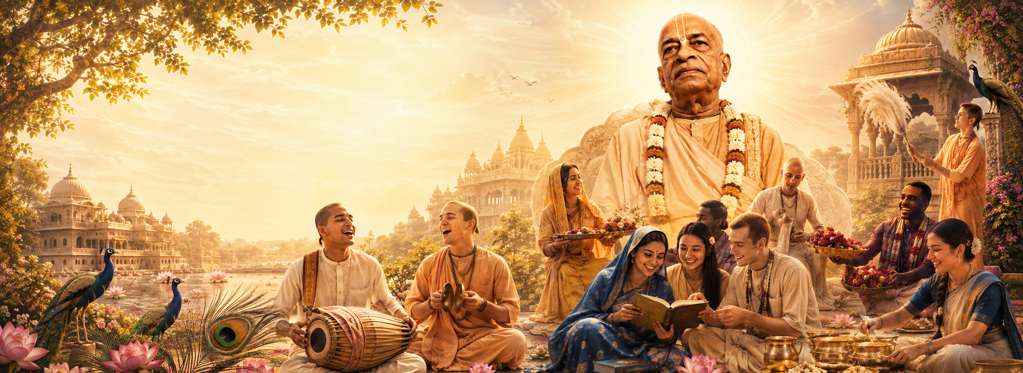 Srila Prabhupada surrounded by devotees engaged in devotional service
