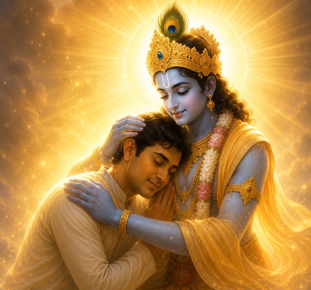 Krishna supporting the devotee, surrounded by divine golden light
