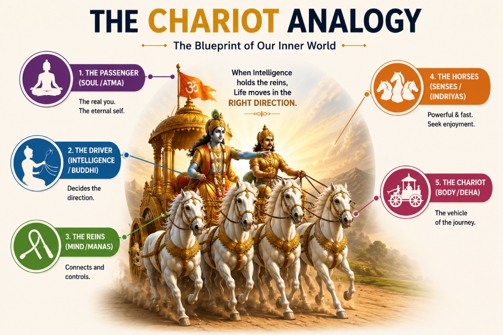 Chariot Analogy from the Bhagavad-gita, showing Krishna guiding a golden chariot with white horses, symbolizing the relationship between the soul, intelligence, mind, senses, and body
