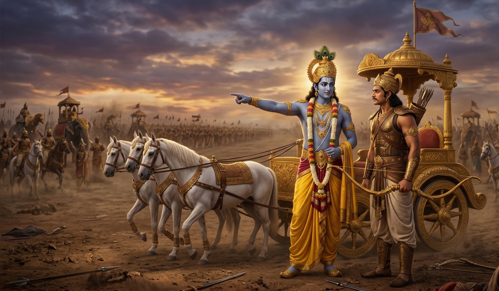 Krishna Guiding Arjuna on battlefield to focus on his duties
