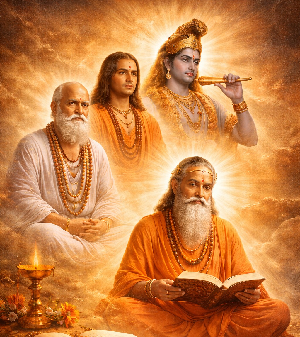 Guru parampara image showing Krishna and spiritual masters with Bhagavad Gita