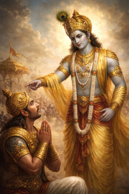 Lord Krishna guiding Arjuna during confusion in Bhagavad Gita on Kurukshetra battlefield
