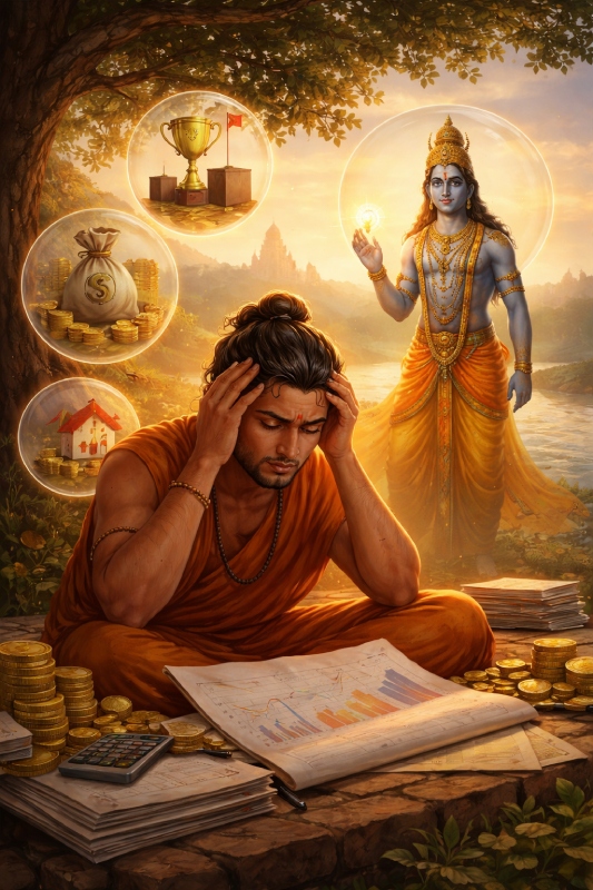 A man stressed by success and wealth, with a calm divine presence nearby