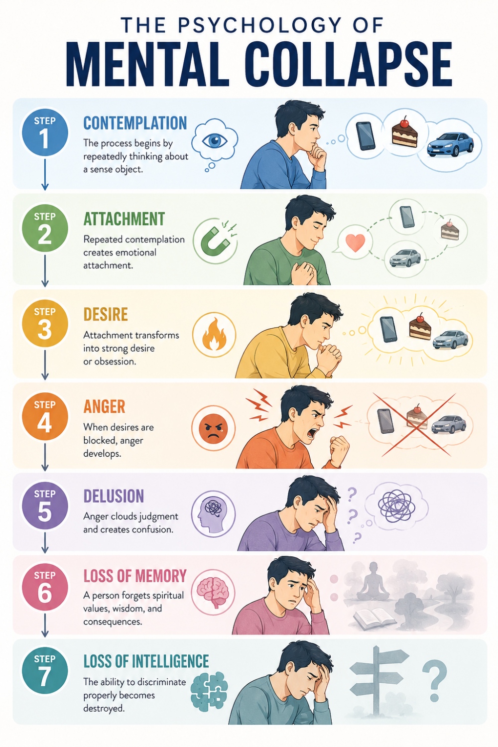 The Psychology of Mental Collapse showing a seven-step emotional and mental decline process