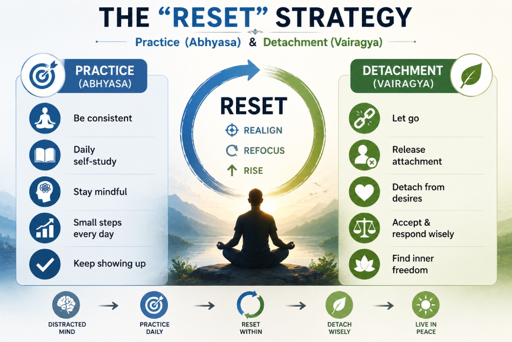 mental reset through short actionable points such as consistency, mindfulness, letting go, and inner freedom