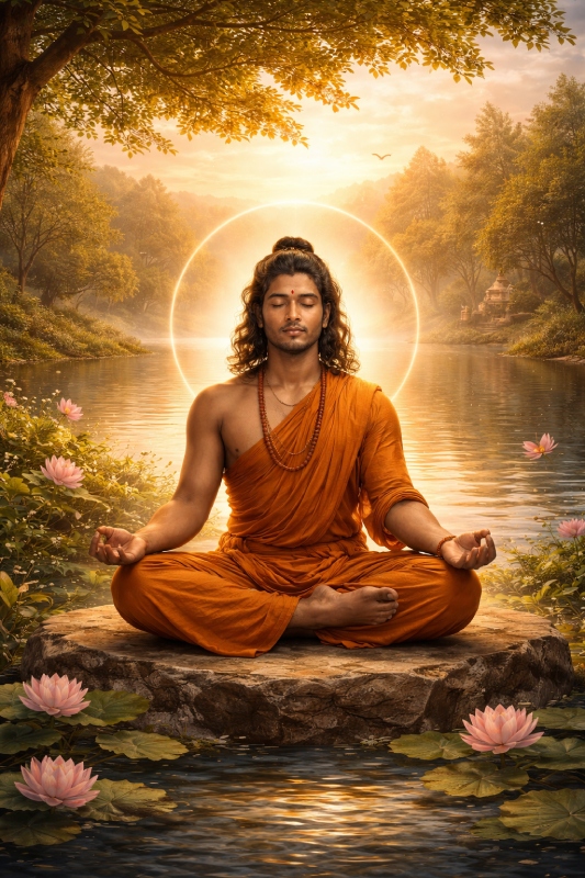 A man meditating in a peaceful nature, symbolizing calmness through spirituality